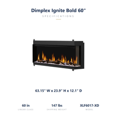 Dimplex Ignite Bold 60 dimensions: 63.15 x 23.9 x 12.1 inches, 147 lbs shipping weight