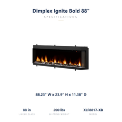 Dimplex Ignite Bold 88 dimensions: 88.23 x 23.9 x 11.38 inches, 200 lbs shipping weight