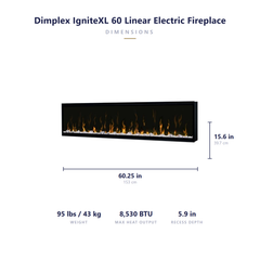 Dimplex IgniteXL 60 dimensions: 60.25 x 15.6 x 5.9 inches, 95 lbs, 8,530 BTU