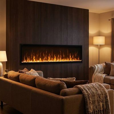 Dimplex IgniteXL 60 linear electric fireplace glowing in a wood feature wall of a cozy living room at night