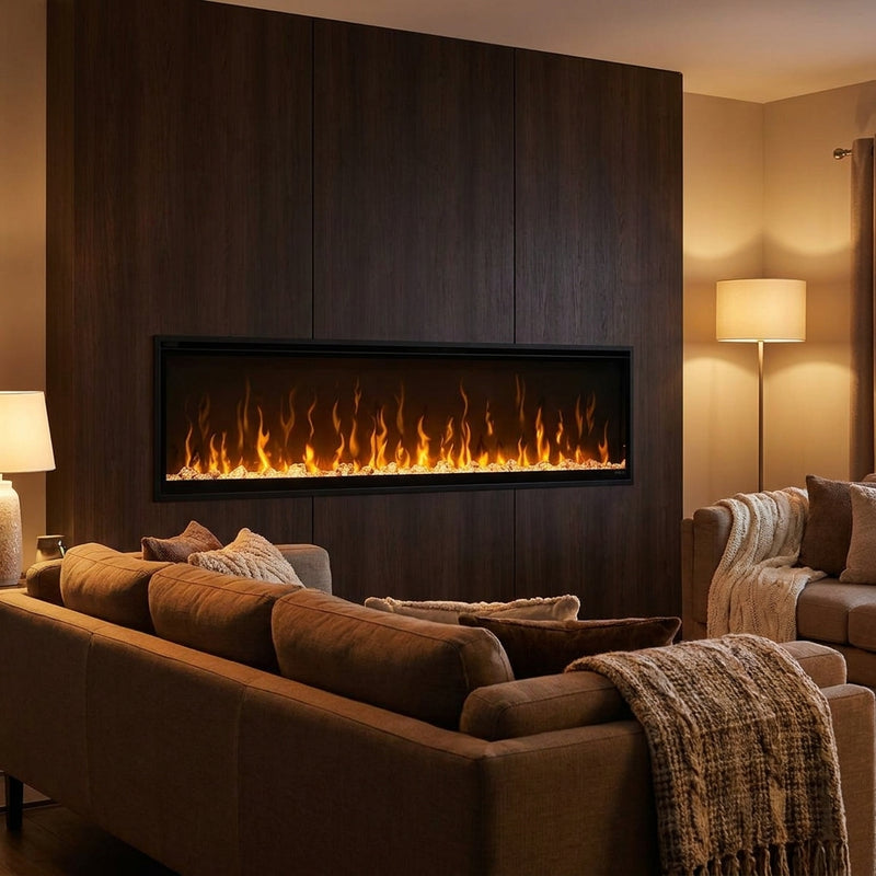 Dimplex IgniteXL 60 linear electric fireplace glowing in a wood feature wall of a cozy living room at night