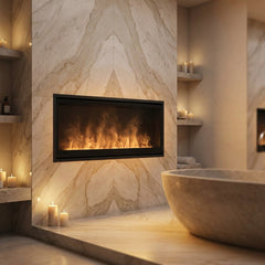 Dimplex 46 Opti-myst linear electric fireplace with water-vapor flame in a marble bathroom wall at evening