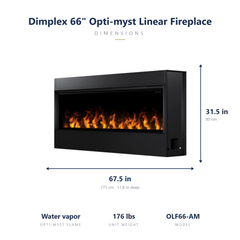 Dimplex 66 inch Opti-myst linear electric fireplace dimensions: 67.5 x 31.5 x 11.8 inches, 176 lbs