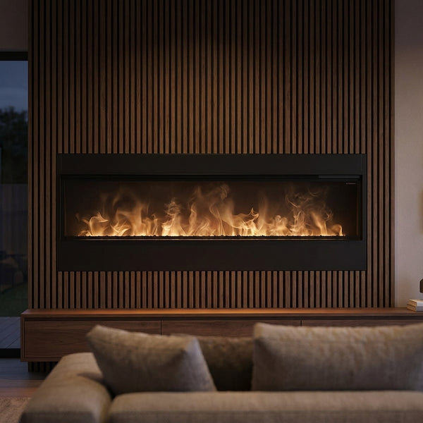 Dimplex 86 inch Opti-myst linear electric fireplace with water-vapor flame built into a dark oak media wall at evening