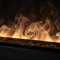 Close-up of the Opti-myst water-vapor mist flame effect in the Dimplex OLF86 linear electric fireplace