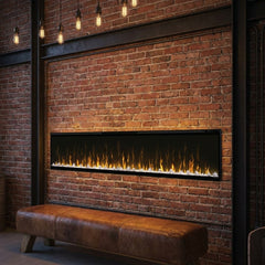 Dimplex Ignite XL 100 built-in linear electric fireplace spanning a loft brick wall at evening