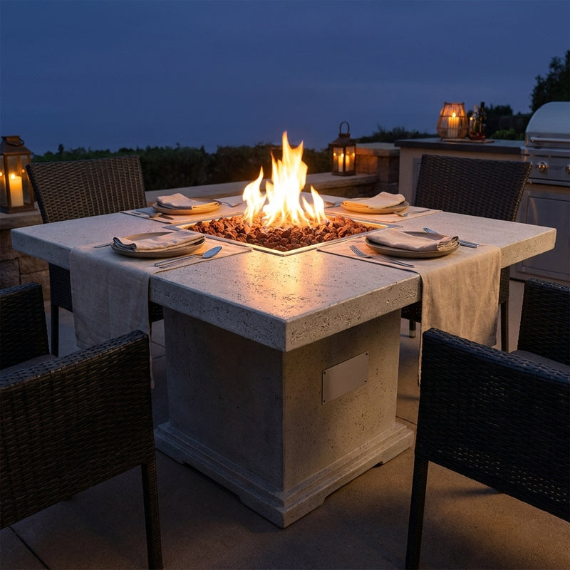Elementi Birmingham dining-height fire pit table with flames over lava rock set for dinner at dusk