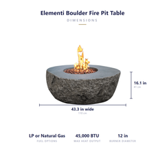 Elementi Boulder fire pit table dimensions: 43.3 inches wide, 16.1 inches tall, 45,000 BTU
