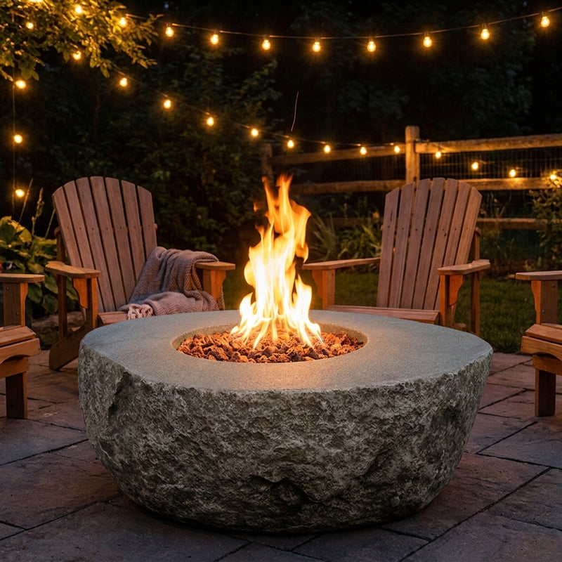 Elementi Boulder natural rock-look fire pit with flames lit between Adirondack chairs at night