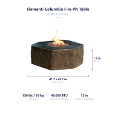 Elementi Columbia fire pit table dimensions: 41.7 x 41.7 x 16 inches, 130 lbs, 45,000 BTU