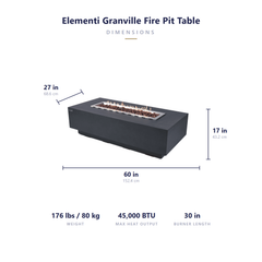 Elementi Granville fire pit table dimensions: 60 x 27 x 17 inches, 176 lbs, 45,000 BTU