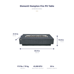 Elementi Hampton fire pit table dimensions: 55.9 x 31.9 x 13.8 inches, 172 lbs, 45,000 BTU