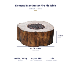 Elementi Manchester fire pit table dimensions: 41.7 x 39.4 x 16.9 inches, 143 lbs, 45,000 BTU