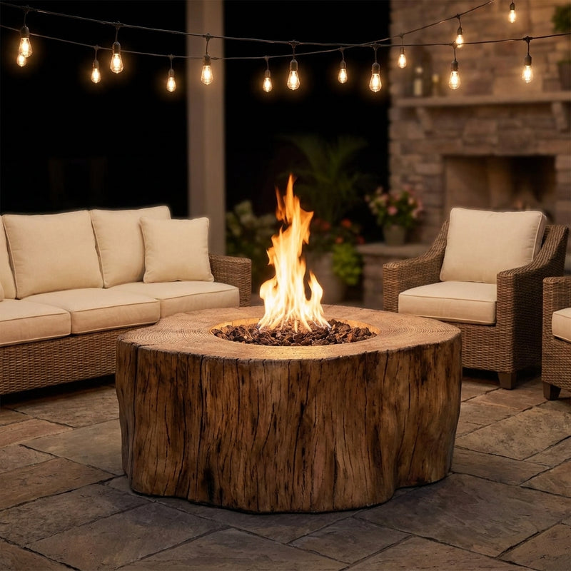 Elementi Manchester tree-stump fire pit table in Redwood with flames lit on an evening patio