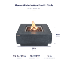 Elementi Manhattan fire pit table dimensions: 36 x 36 x 16 inches, 142 lbs, 45,000 BTU