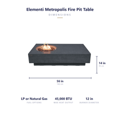 Elementi Metropolis fire pit table dimensions: 56 x 32 x 14 inches, 45,000 BTU, 12 inch burner