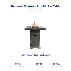 Elementi Montreal bar fire pit table: 34.3 inch square top, bar height, 40,000 BTU, 209 lbs, lava rock included