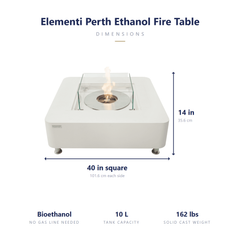 Elementi Perth ethanol fire table dimensions: 40 inches square, 14 tall, bioethanol, 10 L tank