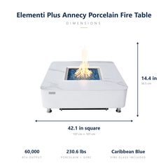 Elementi Plus Annecy fire table dimensions: 42.1 inches square, 14.4 tall, 60,000 BTU, 230.6 lbs