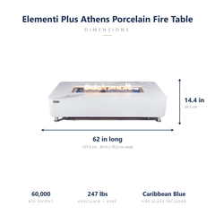 Elementi Plus Athens fire table dimensions: 62 x 30 x 14.4 inches, 60,000 BTU, 247 lbs