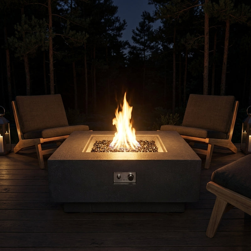 Elementi Plus Bergen dark charcoal square fire table with a tall round flame on a timber deck at night