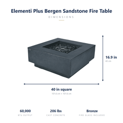 Elementi Plus Bergen fire table dimensions: 40 inches square, 16.9 tall, 60,000 BTU, 206 lbs