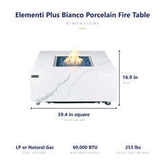 Elementi Plus Bianco fire table dimensions: 39.4 inches square, 16.9 tall, 60,000 BTU, 253 lbs