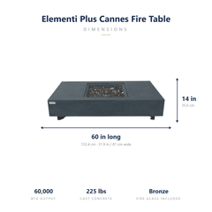 Elementi Plus Cannes fire table dimensions: 60 x 31.9 x 14 inches, 60,000 BTU, 225 lbs