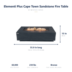 Elementi Plus Cape Town fire table dimensions: 55.9 x 31.9 x 15 inches, 60,000 BTU, 238 lbs