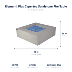 Elementi Plus Capertee sandstone fire pit table dimensions: 40 x 40 x 15 inches, 60,000 BTU, 206 lbs