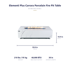 Elementi Plus Carrara fire pit table dimensions: 59.8 x 28 x 16.9 inches, 210 lbs, 60,000 BTU