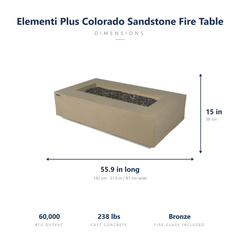 Elementi Plus Colorado fire table dimensions: 55.9 x 31.9 x 15 inches, 60,000 BTU, 238 lbs