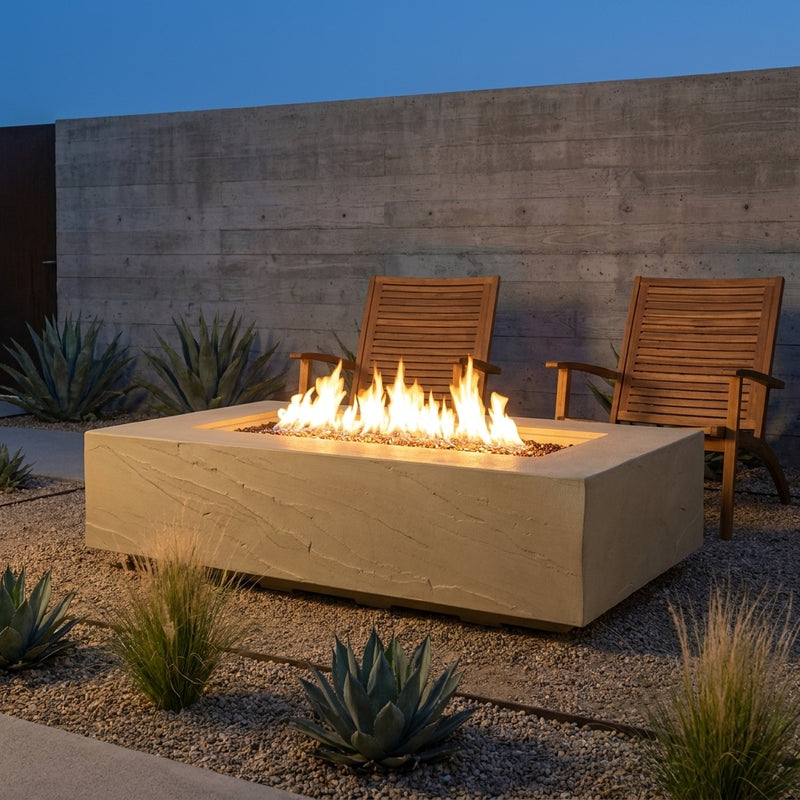 Elementi Plus Colorado sunlight yellow sandstone fire table with linear flame over bronze fire glass on a desert-modern patio at dusk