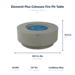 Elementi Plus Colosseo round fire pit table dimensions: 40.9 inch diameter, 16.9 inches tall, 60,000 BTU, 187 lbs