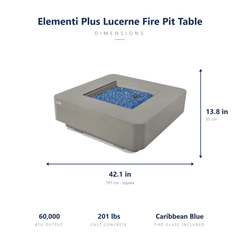 Elementi Plus Lucerne square fire pit table dimensions: 42.1 x 42.1 x 13.8 inches, 60,000 BTU, 201 lbs