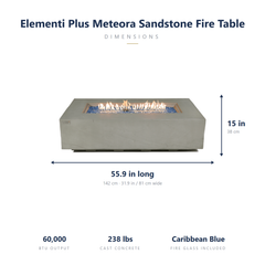 Elementi Plus Meteora fire table dimensions: 55.9 x 31.9 x 15 inches, 60,000 BTU, 238 lbs
