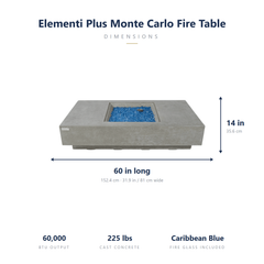 Elementi Plus Monte Carlo fire table dimensions: 60 x 31.9 x 14 inches, 60,000 BTU, 225 lbs