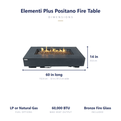 Elementi Plus Positano fire table dimensions: 60 x 32 x 14 inches, 60,000 BTU, bronze fire glass included