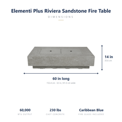 Elementi Plus Riviera fire table dimensions: 60 x 32 x 14 inches, 60,000 BTU, 230 lbs