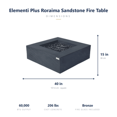 Elementi Plus Roraima sandstone fire pit table dimensions: 40 x 40 x 15 inches, 60,000 BTU, 206 lbs