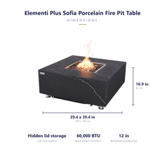 Elementi Plus Sofia fire pit table dimensions: 39.4 x 39.4 x 16.9 inches, 60,000 BTU, lid included