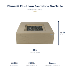 Elementi Plus Uluru sandstone fire pit table dimensions: 40 x 40 x 15 inches, 60,000 BTU, 206 lbs