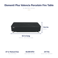 Elementi Plus Valencia fire table dimensions: 62 x 30 x 14.4 inches, 60,000 BTU, 247 lbs