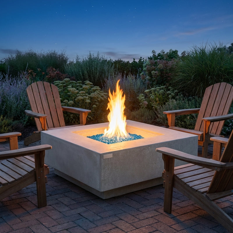 Elementi Plus Victoria light gray square fire table with a tall round flame in a backyard at dusk