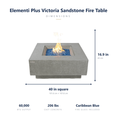 Elementi Plus Victoria fire table dimensions: 40 inches square, 16.9 tall, 60,000 BTU, 206 lbs