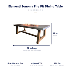 Elementi Sonoma fire pit dining table dimensions: 82 x 39 x 31 inches, 45,000 BTU, 328 lbs