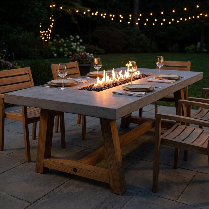 Elementi Sonoma concrete and wood fire pit dining table set for dinner with the linear flame lit at dusk