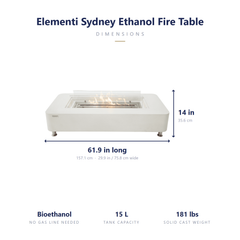 Elementi Sydney ethanol fire table dimensions: 61.9 x 29.9 x 14 inches, bioethanol, 15 L tank
