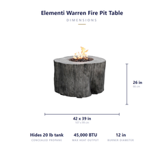 Elementi Warren fire pit table dimensions: 42 x 39 x 26 inches, conceals a 20 lb propane tank, 45,000 BTU