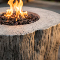 Close-up of flames over lava rock in the Elementi Warren's ring-cut stump top